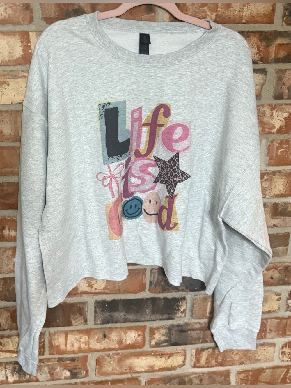 Gildan Light Gray Cropped Sweatshirt with Colorful 'Life' Graphic - Picture 1 of 7